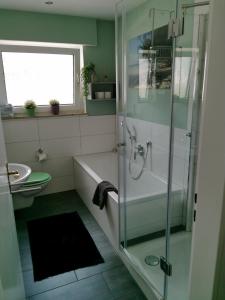 a bathroom with a shower and a tub and a sink at Cozy apartment Dana in Frickenhausen