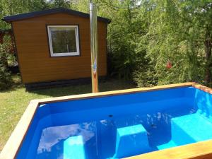 a swimming pool in a backyard with a dog house at Agroturystyka u Wioli i Irka , domek u Ireny, spływy kajakowe in Karsin