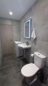 a bathroom with a toilet and a sink and a mirror at Mantalena's house in Antiparos