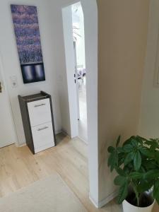 a hallway with a mirror and a potted plant at Cozy apartment Dana in Frickenhausen
