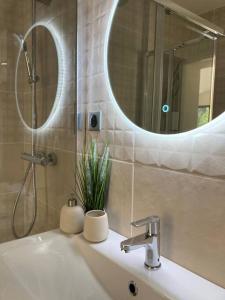 ein Bad mit einem Waschbecken, einer Dusche und einem Spiegel in der Unterkunft La Maison de Katy in Le Beausset