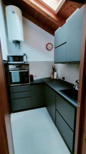 cocina con armarios verdes y fogones horno superior en Appartamento Fronte Piste en Auronzo di Cadore