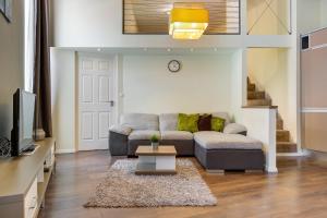 a living room with a couch and a tv at Spacious & stylish apartment in downtown Budapest in Budapest