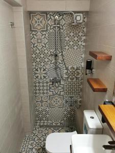 a bathroom with a shower with a tile wall at Armonia Petra House in Kavála +9 photos
