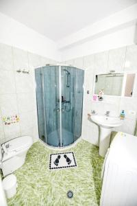 a bathroom with a shower and a toilet and a sink at Happy stories' apartment in city centre in Shkodër