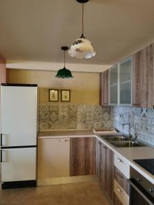 a kitchen with a white refrigerator and a sink at Armonia Petra House in Kavála