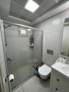 a bathroom with a shower and a toilet and a sink at Lara Kundu Oteller Bölgesi in Aksu