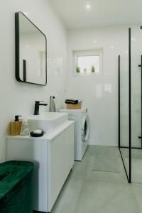 a white bathroom with a washing machine and a mirror at Domek pod Nowiną in Tylmanowa