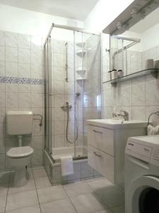 a bathroom with a shower and a toilet and a sink at Apartments Borovina in Bol +45 photos