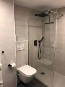 La salle de bains est pourvue de toilettes et d'une douche en verre. dans l'établissement Torroxcostaholiday, à Torrox Costa