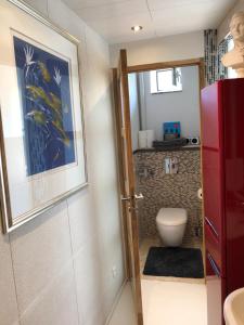 uma casa de banho com WC e uma fotografia na parede em King size lounge 76m2 de confort au centre ville em Mulhouse