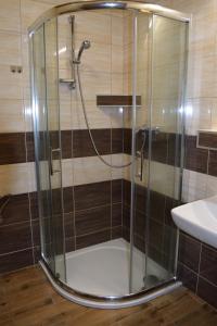 a shower with a glass door in a bathroom at Penzion Český Dvůr in Starý Plzenec