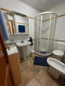 a bathroom with a shower and a sink and a toilet at Dachterrassenwohnung Puerto Tazacorte in Puerto