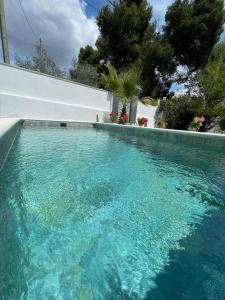 Casita rural con piscina في La Torre de Claramunt: مسبح بمياه زرقاء امام جدار ابيض