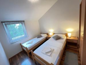 2 camas en una habitación pequeña con ventana en Vir Apartman Alena en Vir