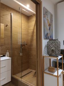 een douche met een glazen deur in de badkamer bij Magic Valley in Husseren-Wesserling