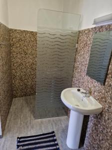 een badkamer met een wastafel en een douche bij Hôtel de la plage in Ambatoloaka