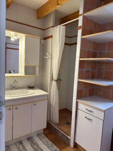 a bathroom with a sink and a shower in a room at Maison indépendante avec piscine in Jaujac