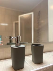 a bathroom with two faucets on a counter at Apartma Pohorje in Hočko Pohorje