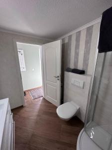 a small bathroom with a toilet and a shower at Ferienhaus/Bungalow Lobbe - 60qm in Lobbe