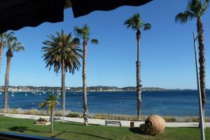 una vista del océano con palmeras y un parque en Front de mer - Emplacement prisé - T2 moderne et climatisé - Tout à pied en Bandol