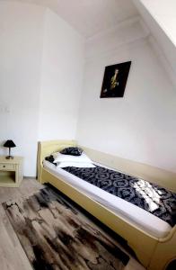 ein Schlafzimmer mit einem Bett und einem Bild an der Wand in der Unterkunft Hotel Claudiu in Sighişoara