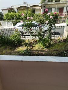 a car parked in front of a fence with pink roses at Spitaki mou in Kamena Vourla