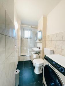 a bathroom with a toilet and a sink and a shower at Monty - Kitchen - Washer - Free Parking - SMART-TV in Goslar