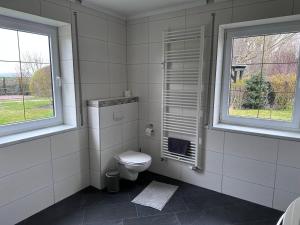 a white bathroom with a toilet and two windows at Ferienwohnung Lobbe 1 - 120qm in Lobbe