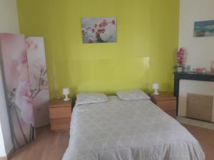 sypialnia z łóżkiem i kominkiem w obiekcie Chez Virginie w mieście Gisors