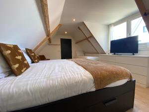 a bedroom with a large bed with a flat screen tv at The island life beach house 2 in De Koog