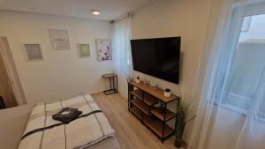 een slaapkamer met een flatscreen-tv aan de muur bij Appartment-Ferienwohnung mit Küche, Bad, kostenlos WLAN, Modern eingerichtet in Roding