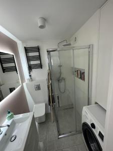 a bathroom with a shower and a sink at Przytulne mieszkanie in Toruń