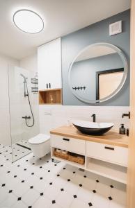 een badkamer met een wastafel en een spiegel bij Arra Apartments in Cluj-Napoca