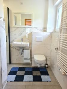 a bathroom with a toilet and a sink at Ferienhuette in Altfriesack +24 photos