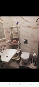 ein Badezimmer mit einem weißen WC und einem Waschbecken in der Unterkunft NEW BIG LOFT APARTMENTS JURMALA with FREE SECURED PARKING in Jūrmala