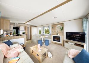 a living room with a couch and a tv at Parc Farm Holiday Park in Mold