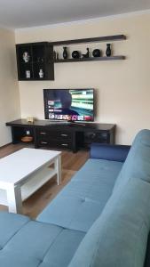 a living room with a blue couch and a tv at Apartament Estera in Oradea
