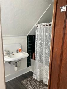 a bathroom with a sink and a shower curtain at Bed and Breakfast Hearts Desire in Raton