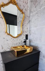 uma casa de banho com um lavatório dourado e um espelho em Cap d'Agde Naturiste Héliopolis C SEARENA em Cap d'Agde