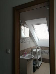 a bathroom with a sink and a skylight at Sobe pri Roži in Postojna