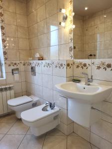 a bathroom with a sink and a toilet and a mirror at Emi Apartament in Ogrodzieniec