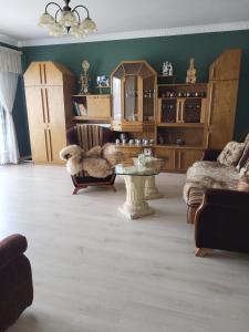 a living room with a teddy bear sitting in a chair at Emi Apartament in Ogrodzieniec