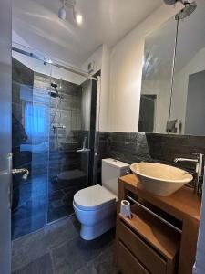 a bathroom with a toilet and a sink and a shower at giomein, appartamento di charme artistico ,CIR 0279 in Breuil-Cervinia +8 photos