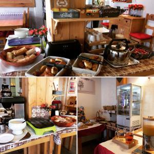 drie foto's van een bakkerij met brood in een kamer bij Hôtel Valentin in Les Deux Alpes