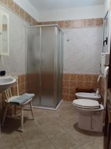 een badkamer met een douche, een toilet en een wastafel bij B&B Kazakova in Domusnovas