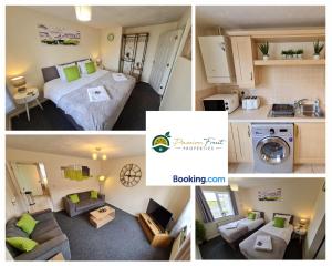 un collage de fotos de un dormitorio y una sala de estar en 3 Bedroom House at Low rate- near Coventry City Centre with Wi-fi Netflix Unlimited, driveway parking by Passion Fruit Properties- 16RWC en Coventry