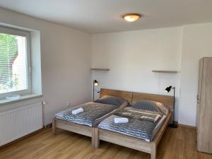 Postel nebo postele na pokoji v ubytování Apartmány Bolevec Plzeň pro rodiny s dětmi a zvířátky
