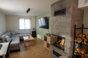 a living room with a couch and a fireplace at Green Villa in Saparewo