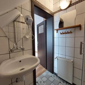 a bathroom with a sink and a mirror at CYKADA 4 in Ostrowo